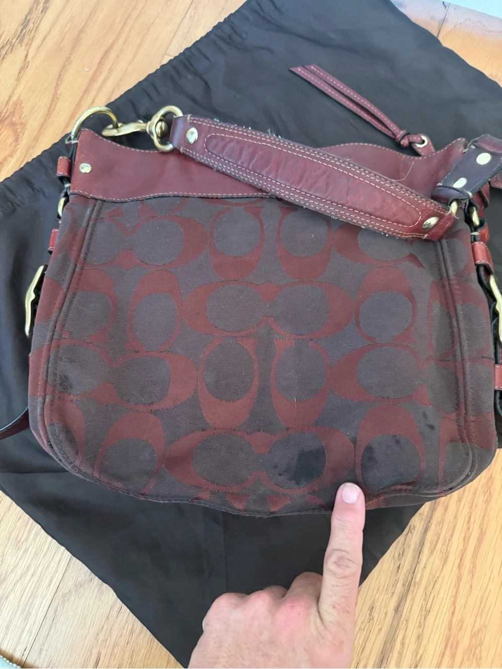 COACH Zoe Signature Burgundy Signature Canvas Shoulder Bag with Leather Trim